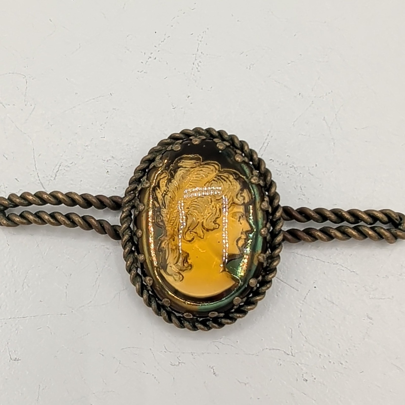 Vintage Western Germany Amber Glass Intaglio Cameo Bar Brooch Pin Gold Tone